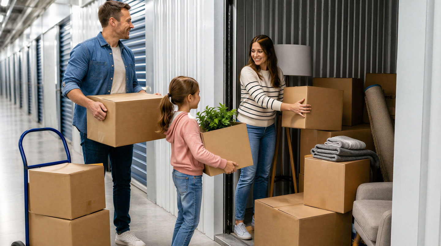 Box de stockage individuel ouvert de 10 m³ contenant cartons de déménagement étiquetés et mobilier emballé rangé de façon organisée