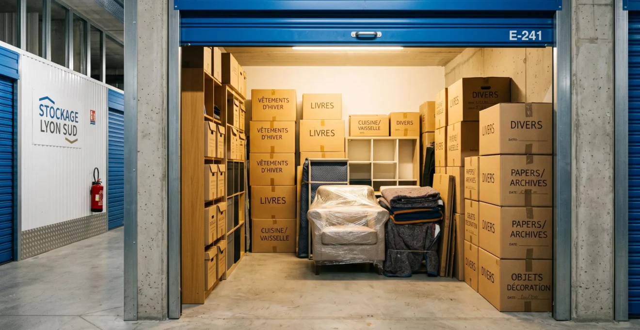 Box de stockage individuel ouvert de 10 m³ contenant cartons de déménagement étiquetés et mobilier emballé rangé de façon organisée