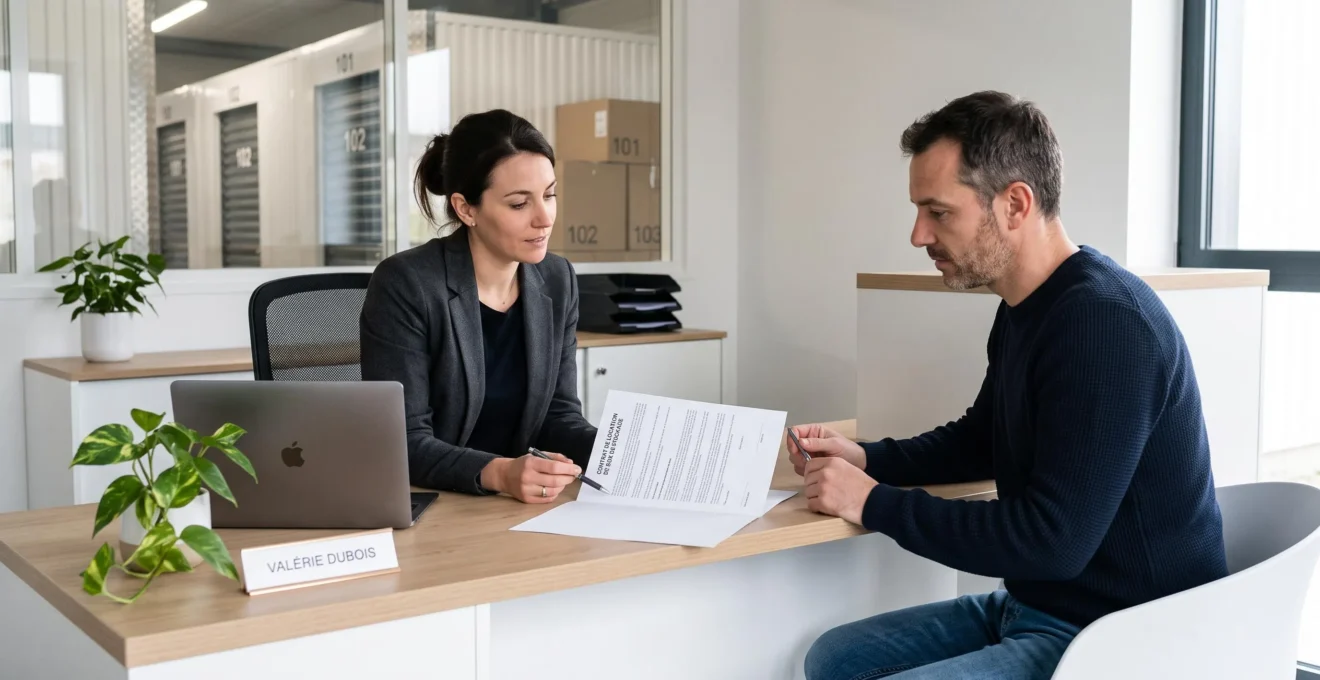 Conseillère d'agence de garde-meuble et client consultant ensemble un contrat de location lors d'un rendez-vous professionnel