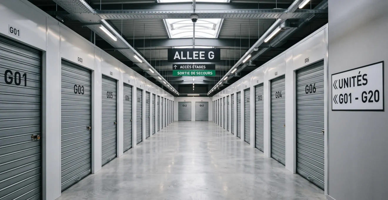 Vue intérieure d'un entrepôt de garde-meuble moderne avec couloir central et boxes de stockage individuels numérotés sécurisés